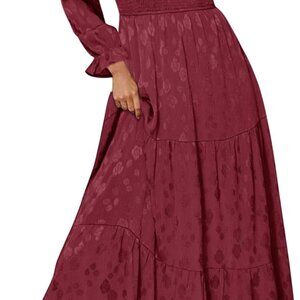 Women's Smocked Maxi Dress Long Sleeve Tiered V Neck Flowy Fall Wedding Guest